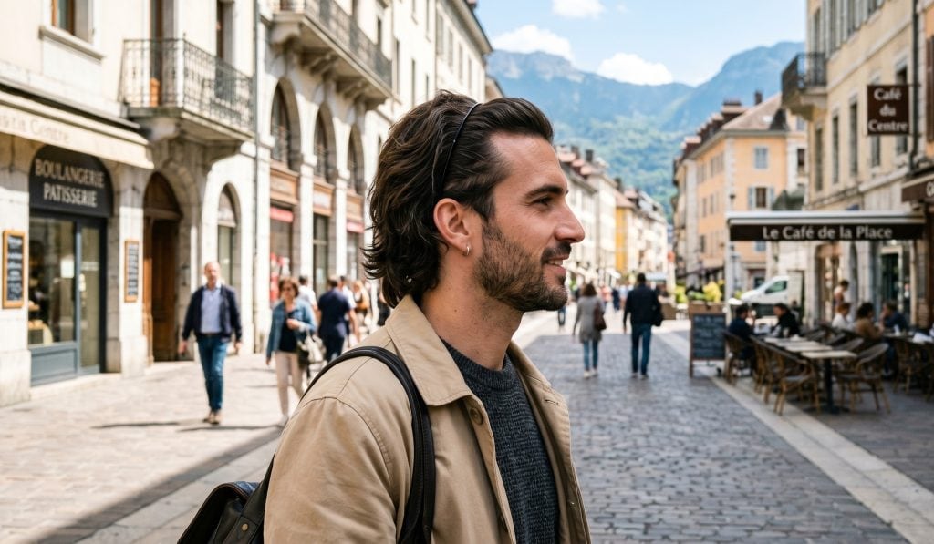 Homme aux cheveux longs portant un serre-tête masculin en ville