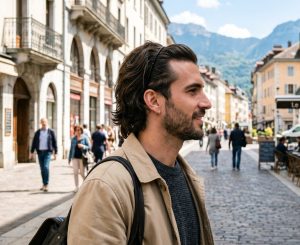 Un homme de profil avec une barbe courte, portant un serre-tête en métal fin noir pour retenir ses cheveux mi-longs vers l'arrière